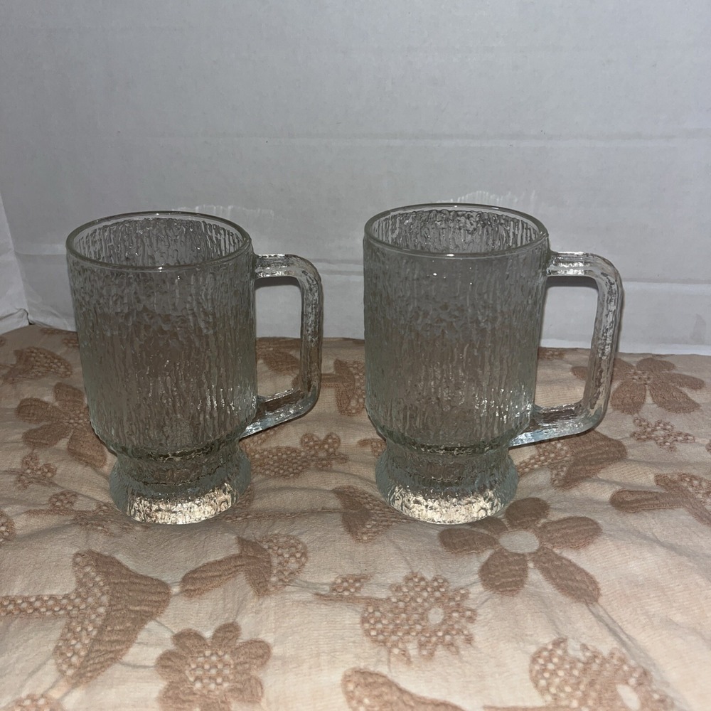 Two Indiana Glass Crystal Ice Tree Bark Footed beer Mugs Tankard D handle MCM